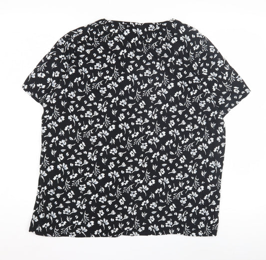 Damart Women's Black Floral V-Neck T-Shirt L