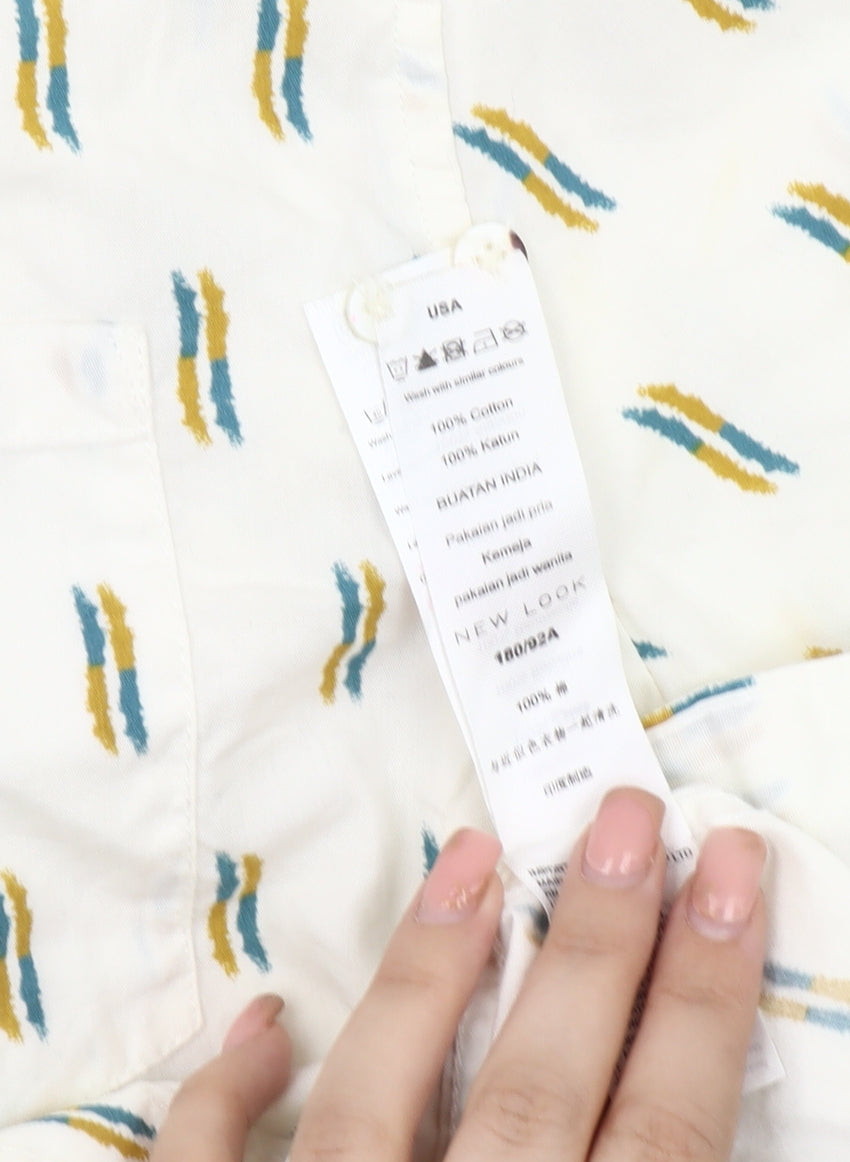 New Look Men's Ivory Geometric Button-Up Shirt M