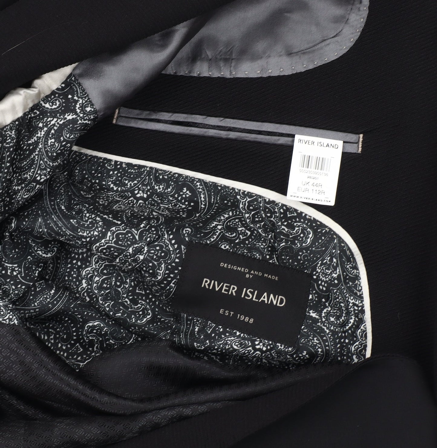 Mens UK Size 44 River Island Regular Black Suit Jacket