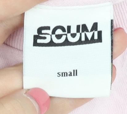 Close-up detail of SCUM unisex pink pop art t-shirt, size S