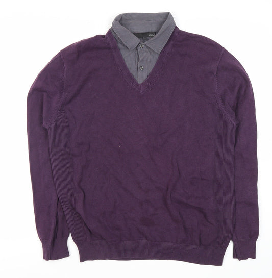 Next Men's Purple Polo, L, Long Sleeve, V-Neck