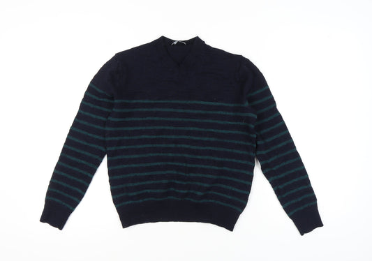 Additional front view of Gap unisex blue striped pullover, m, merino wool jumper