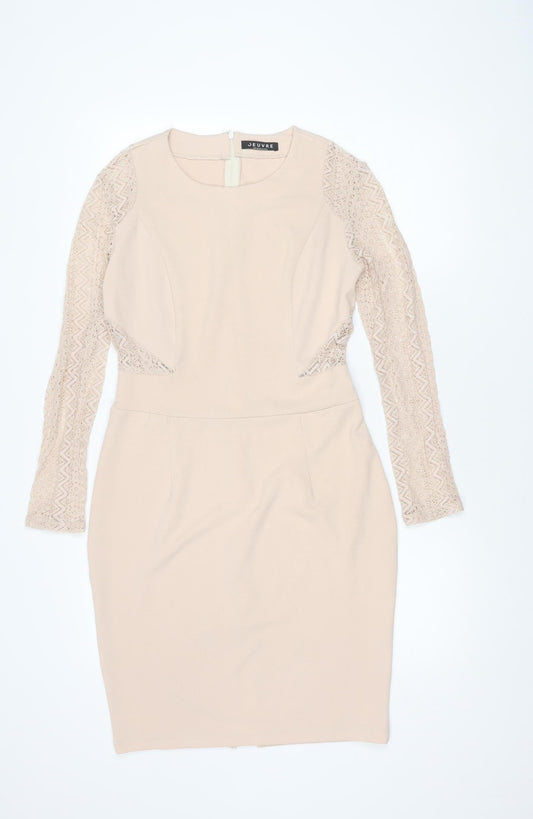 Oeuvre Women's Beige Dress, Size 12, Long Sleeve Chic Attire