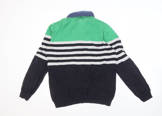 Marks and Spencer Men's Green Striped Pullover Jumper - M