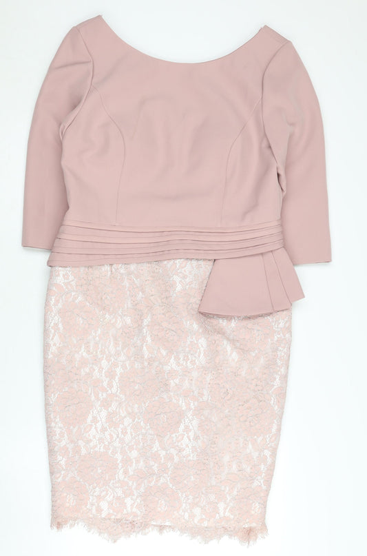 Additional front view of Kaleidoscope Women Pink Lace Sheath Dress, size 14, Petites