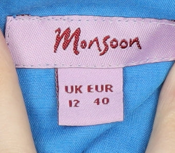 Monsoon Women's Blue Cotton V-Neck Dress, Size 12, Sleeveless