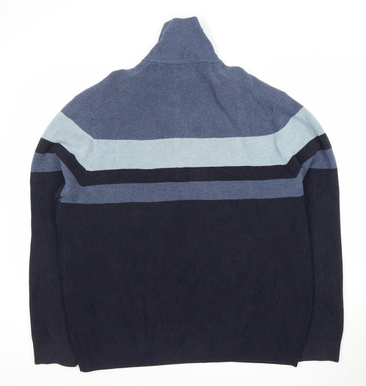 Marks and Spencer Men's Blue 2XL Full Zip Striped Jumper