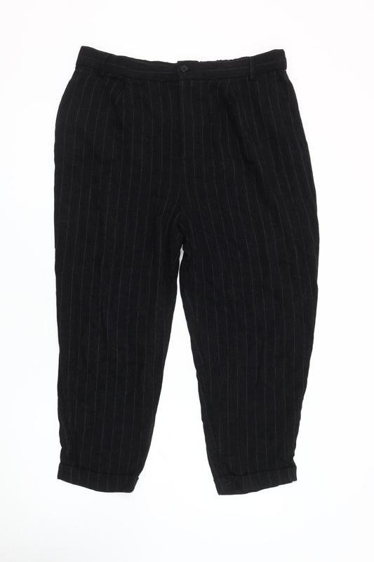 Additional front view of Zara Woman Black Striped Trousers XL, Pleated, Elegant