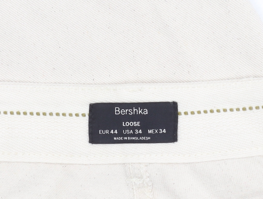 Bershka Women's Ivory Relaxed Cotton Trousers