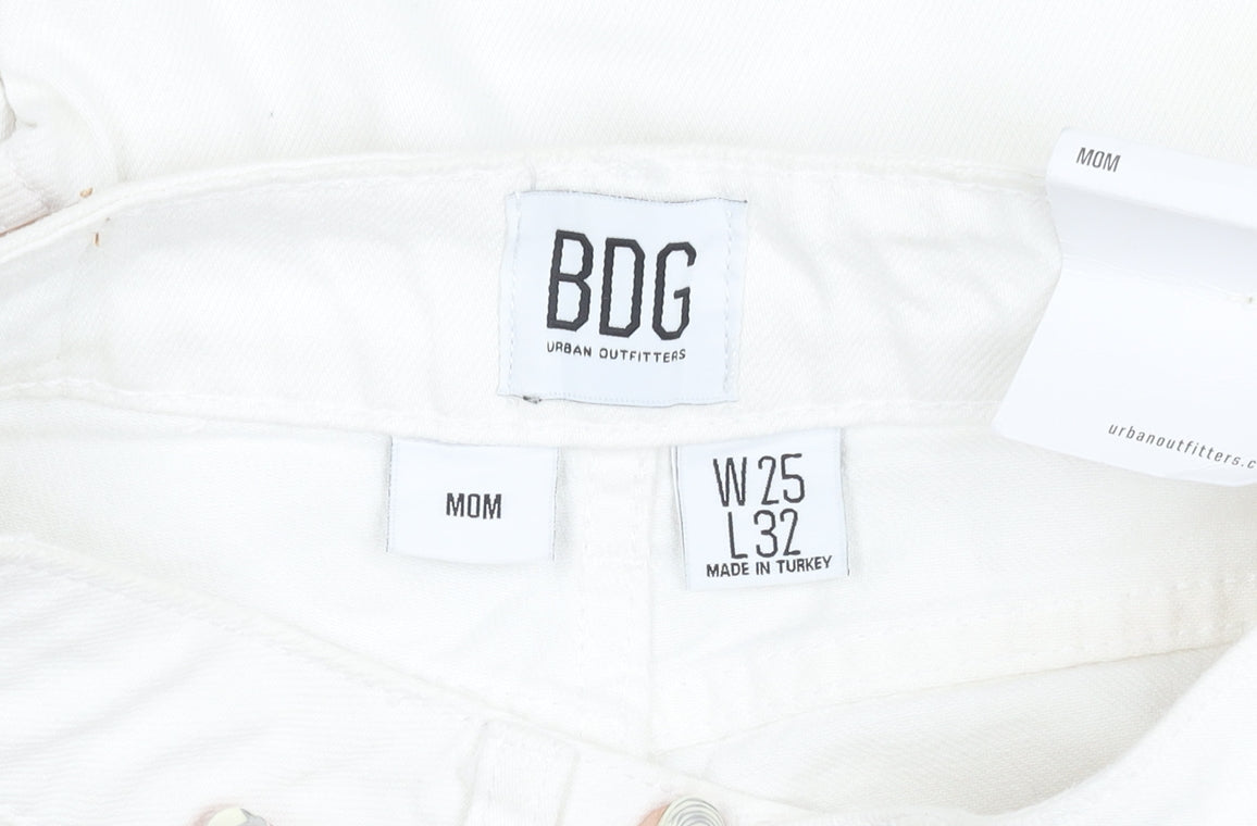 Brand and care label for BDG Urban Outfitters Women’s White High Rise Mom Jeans, W25 L32