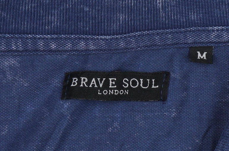 Brave Soul Men's Blue Acid Wash Polo Shirt M