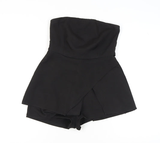 Additional front view of Missguided Women's Black Belted Strapless Playsuit, M, Party Ready