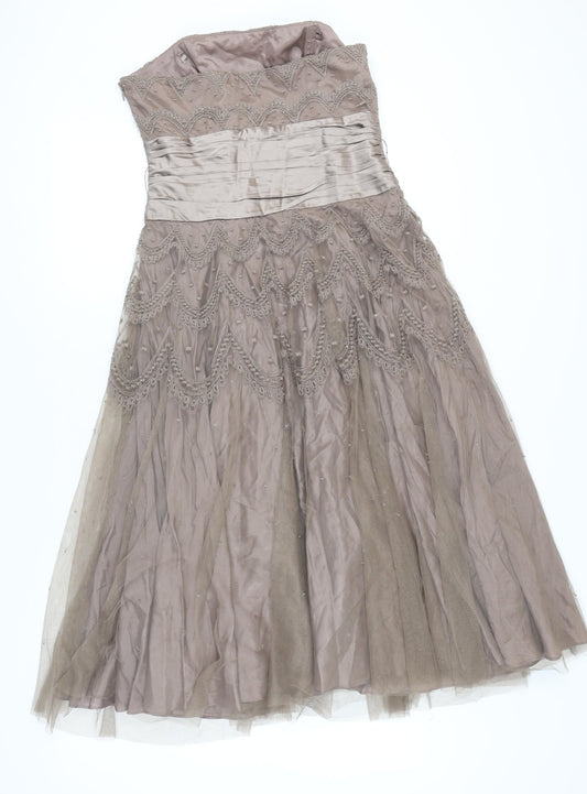 Monsoon Brown Strapless Dress, Size 12, Beaded Accents
