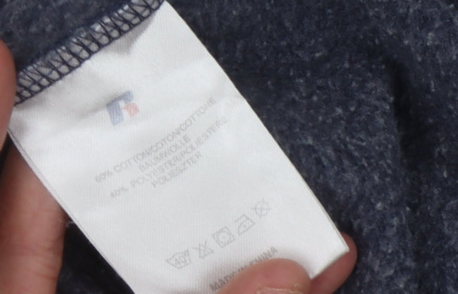 Brand and care label for Russell Athletic unisex blue l pullover sweatshirt