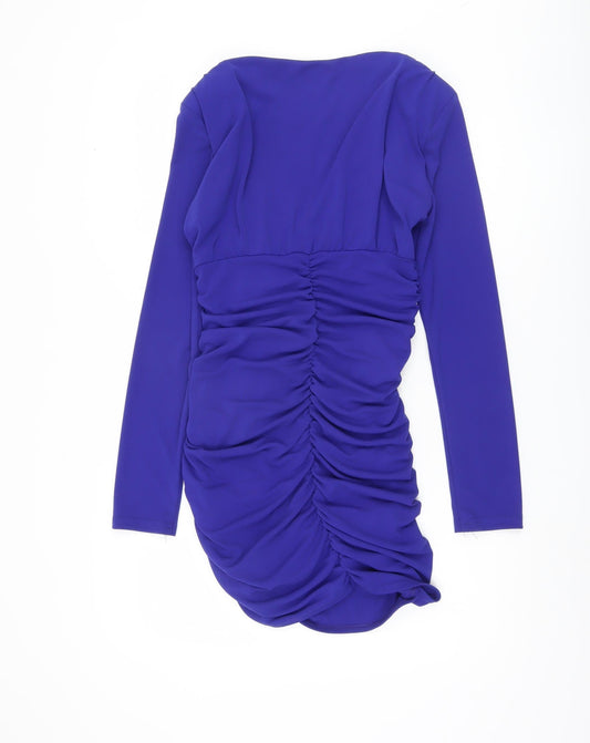 Zara Women's Blue Bodycon Dress Ruched V-Neck Size 8