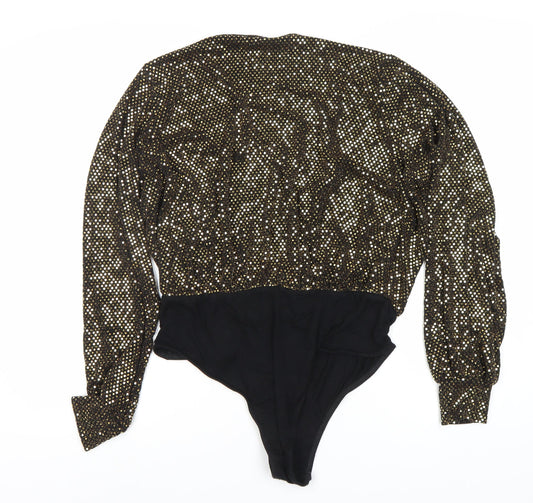 Boohoo Women's Black Gold Sequin Bodysuit Size 16