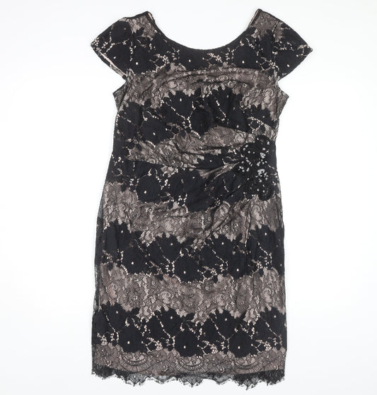 Additional front view of Roman Women's Black Floral Lace Sheath Dress, size 14