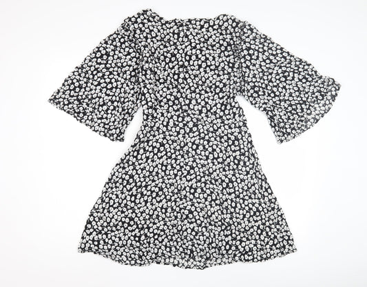 Mango Women's Black Floral Dress Size 12 Flared Sleeves