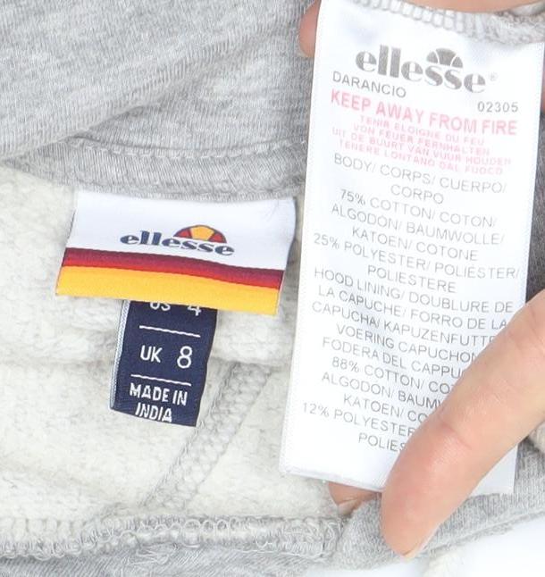 Close-up detail of Ellesse Grey Pullover Hoodie, unisex adult, size 8, casual