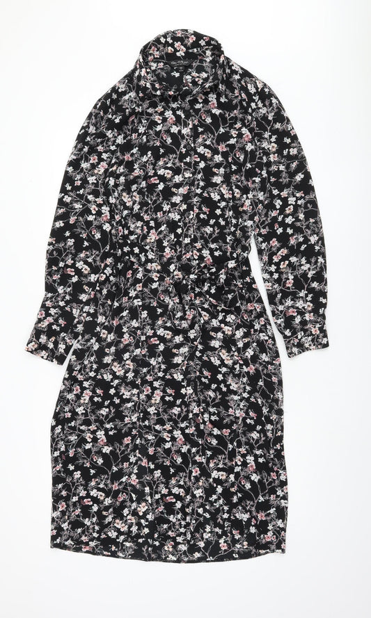 Additional front view of Miss Selfridge Women's Black Floral Shirt Dress, size 12