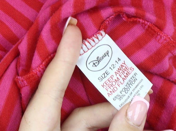 Brand and care label for Disney Women's Red Striped Nightshirt, size 12-14