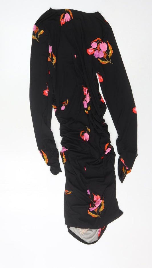 Zara Women's Black Floral Bodycon Midi Dress, M