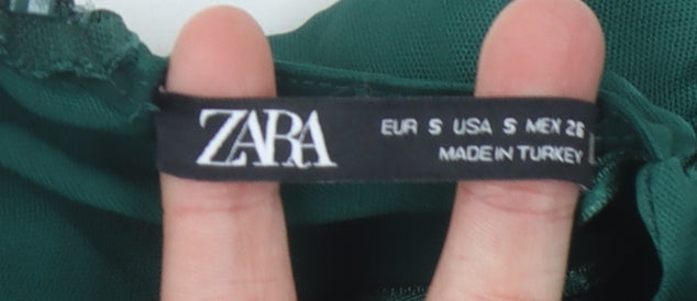 Zara Women’s Green Belted Jumpsuit, Size S, V-Neck Wide-Leg