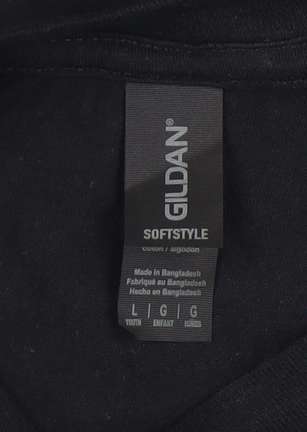 Gildan Boys Black T-Shirt L Casual Short Sleeve Logo Top