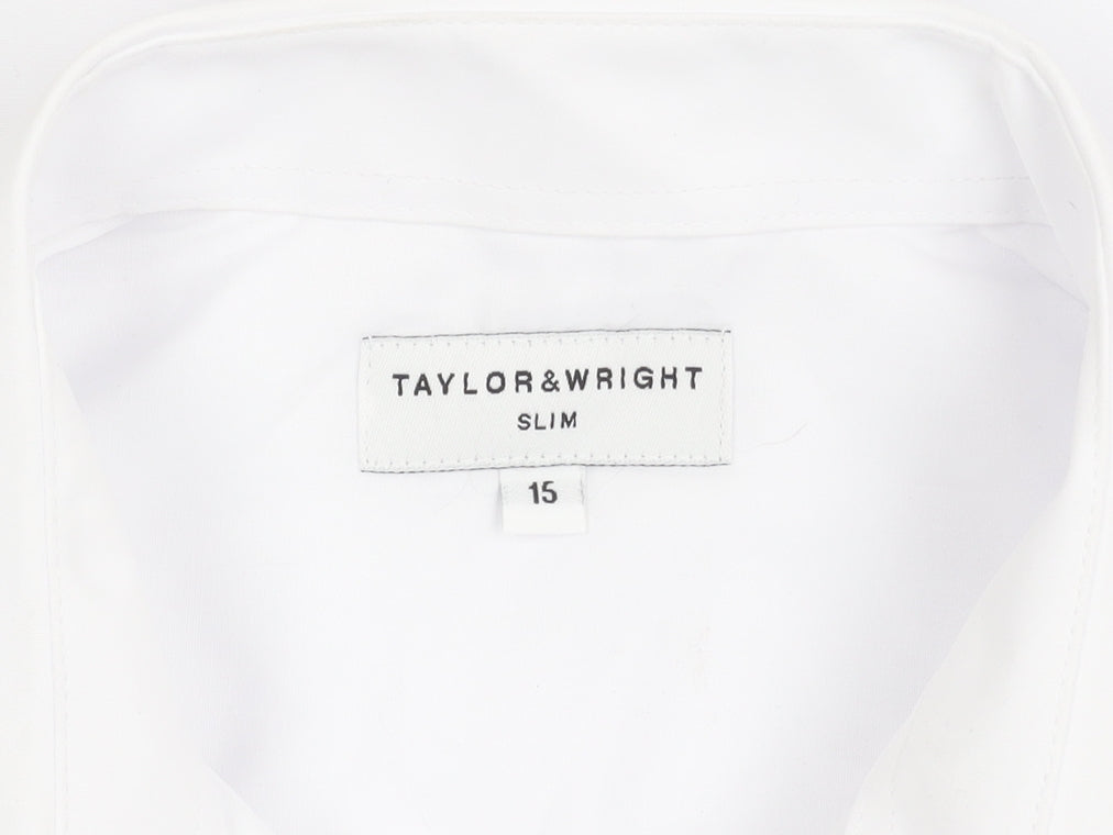 Brand and care label for Taylor & Wright Men's White Slim Fit Shirt, size 15