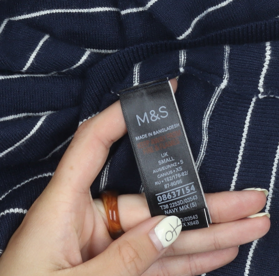 Marks and Spencer Men's Blue Striped V-Neck Jumper - S