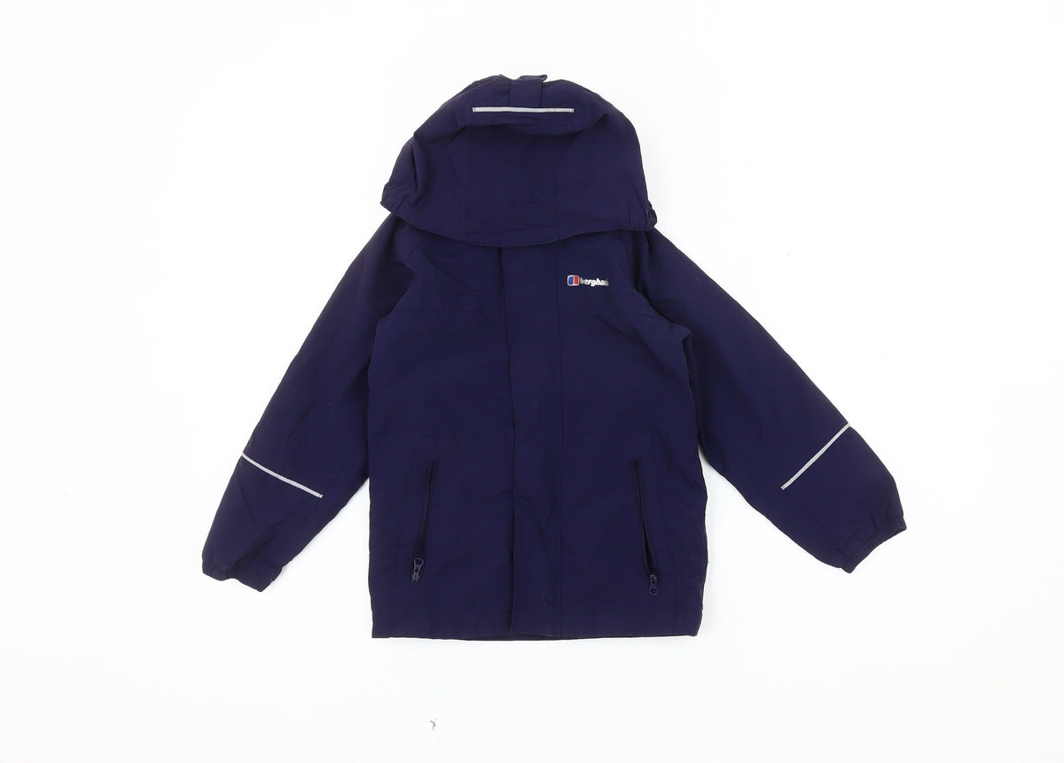 Close-up detail of Berghaus girls’ blue parka jacket 5-6 yrs hooded autumn
