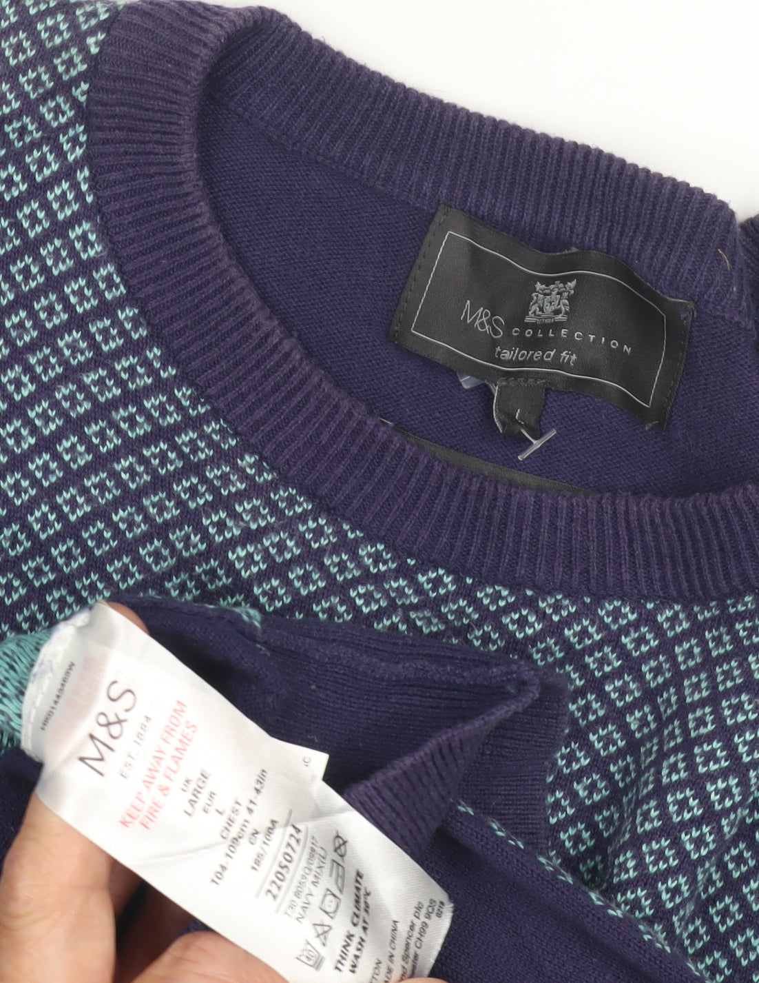 Marks and Spencer Men's Blue Geometric Pullover Jumper L