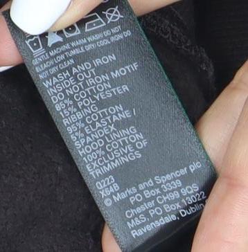 Brand and care label for Marks & Spencer Black Hoodie XS unisex logo pullover