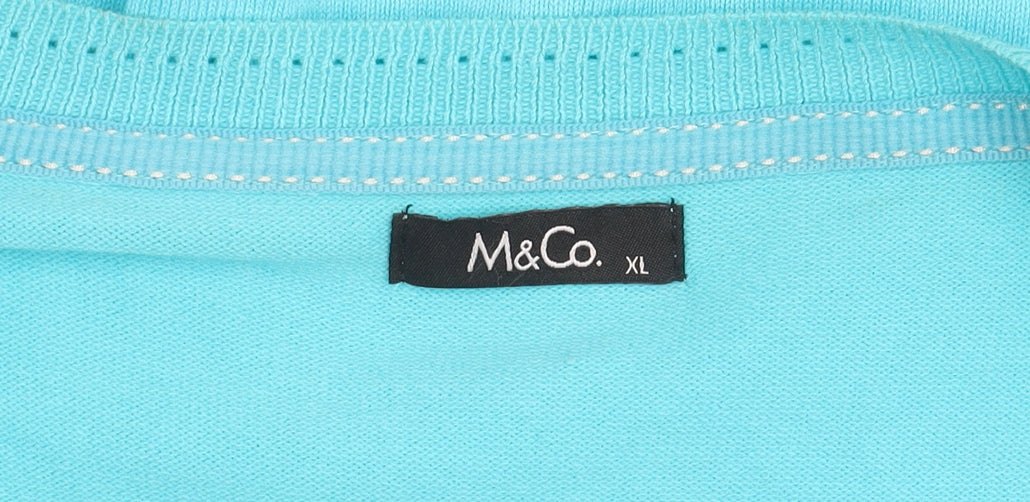 Brand and care label for M&Co Women's Blue Cropped Cardigan XL Casual