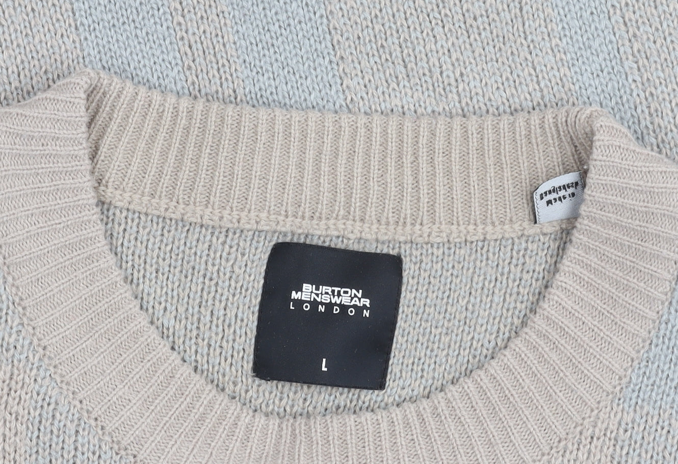 Burton Menswear Beige Plaid Crew Neck Jumper Size L