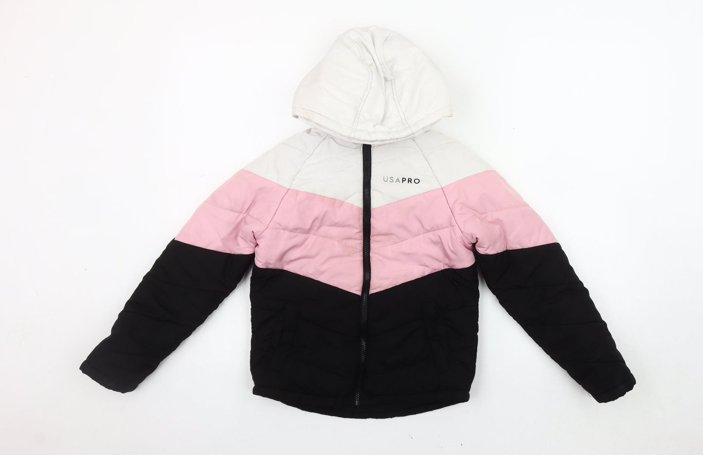 USA Pro Girls' Puffer Jacket, Black/Pink/White, 7-8 Years