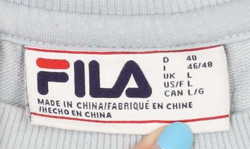 Close-up detail of Fila unisex blue sweatshirt, size L, casual comfort