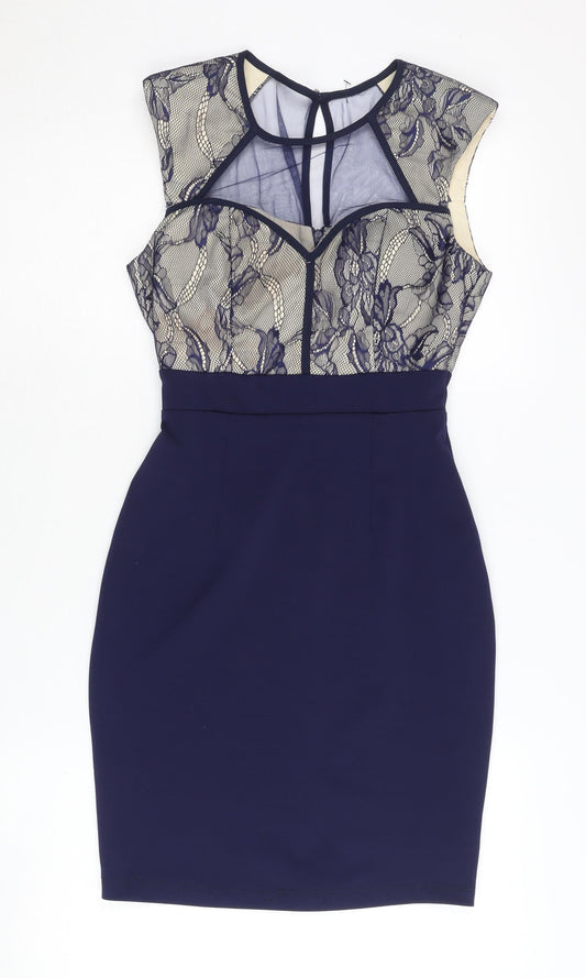 Additional front view of Little Mistress Petite Blue Lace Bodycon Dress, size 4