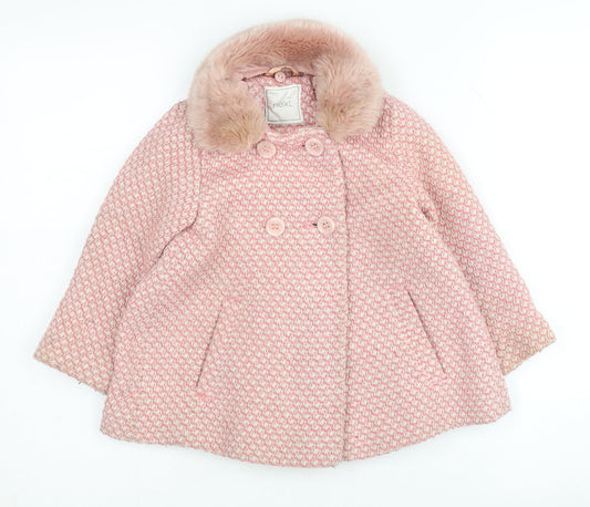 Next Pink Girls Pea Coat 3-4 Years Houndstooth Fur Trim