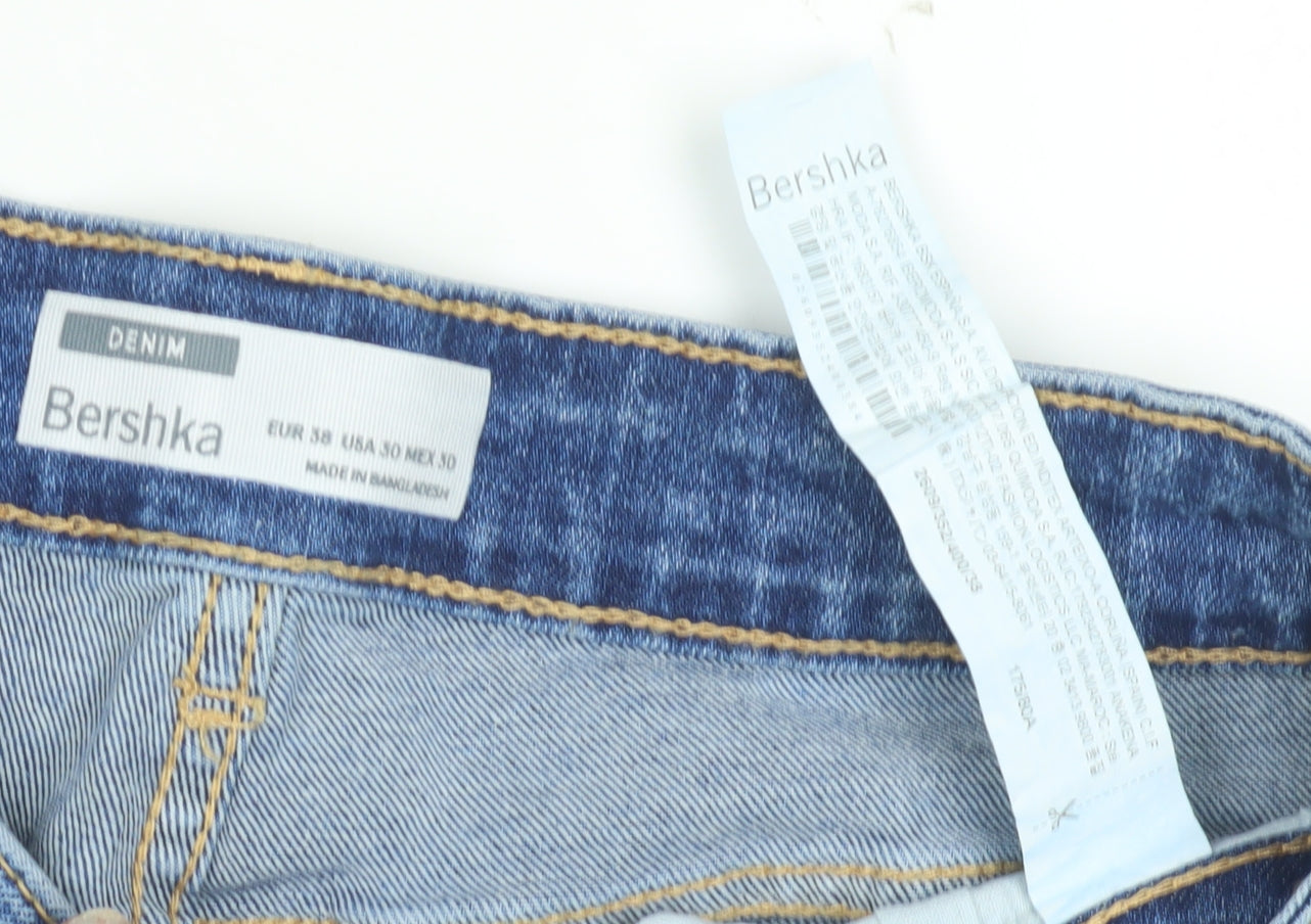 Bershka Men's Blue Denim Distressed Shorts, Size S