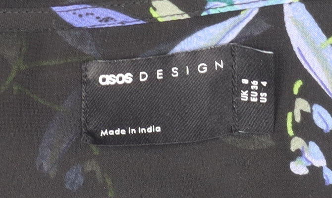 Brand and care label for ASOS Design Women's Black Floral Mini Dress, size 8, A-Line - Ideal for Parties
