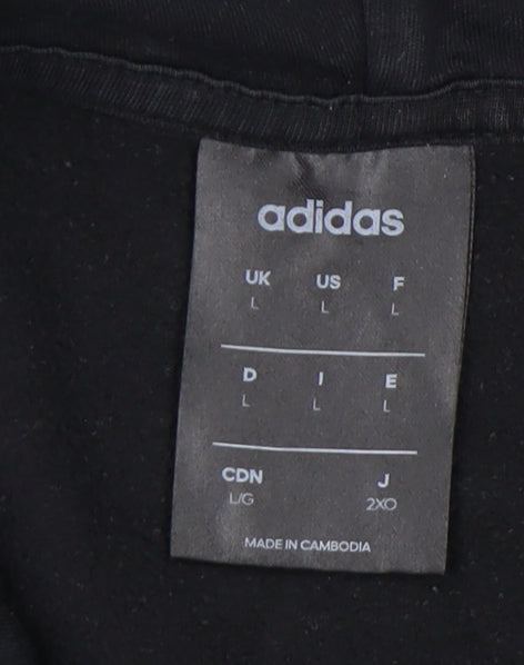 Brand and care label for Adidas Black unisex pullover hoodie, size L, cotton blend