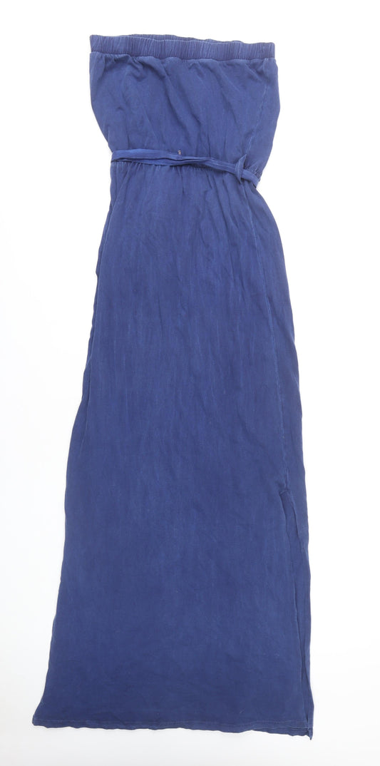 Next Women Blue Strapless Cotton Tie Belt Dress Size 10