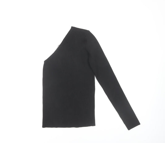 PrettyLittleThing Black Asymmetrical Sleeve Women's Top - Size 12