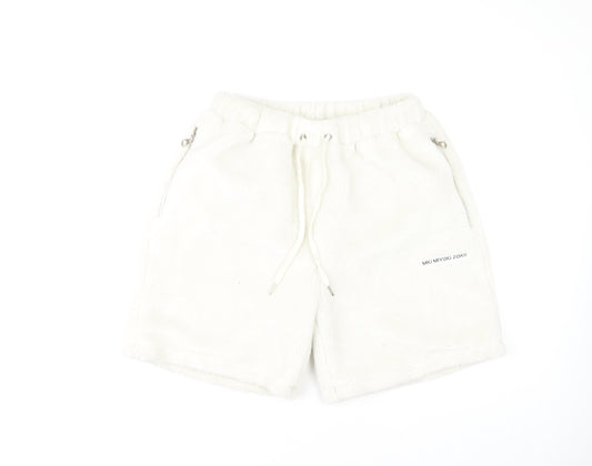 Additional front view of MKI MIYUKI ZOKU unisex white acrylic shorts l