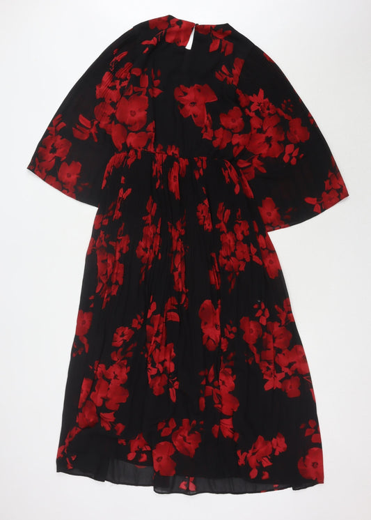 H&M Women's Black Red Floral Midi Dress Size 6