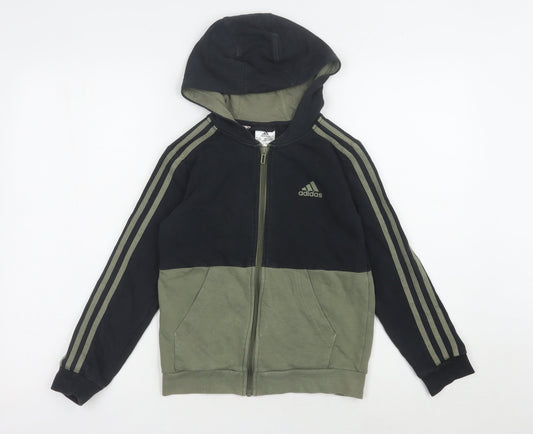 Additional front view of Adidas boys’ black hoodie, 9-10 years, full zip, colourblock
