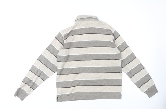Marks and Spencer Men's Beige Striped Long Sleeve Polo M
