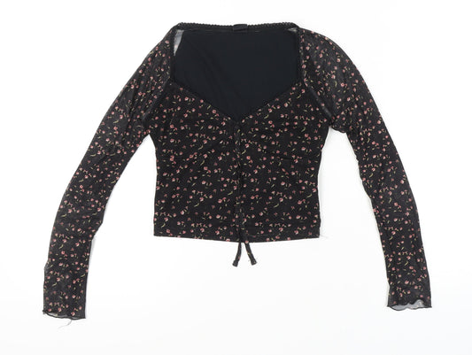 Additional front view of Urban Outfitters Women's Black Floral Mesh Top