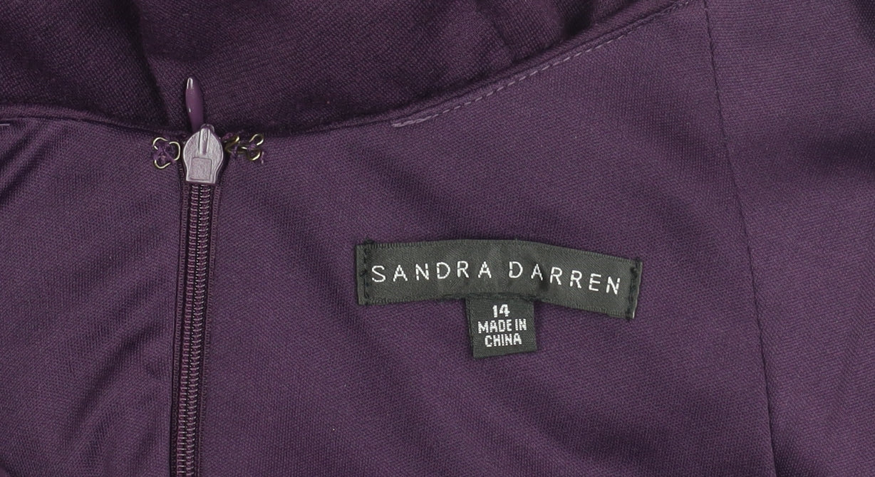 Brand and care label for Sandra Darren Women's Purple Sleeveless Dress, size 14